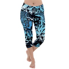Black Blue White Abstract Art Lightweight Velour Capri Yoga Leggings by SpinnyChairDesigns