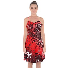 Red Black Abstract Art Ruffle Detail Chiffon Dress by SpinnyChairDesigns