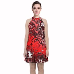 Red Black Abstract Art Velvet Halter Neckline Dress 