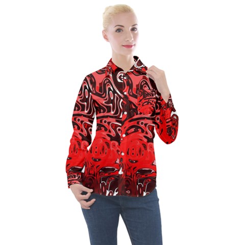 Red Black Abstract Art Women s Long Sleeve Pocket Shirt by SpinnyChairDesigns