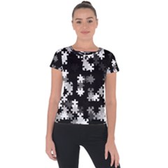 Black And White Jigsaw Puzzle Pattern Short Sleeve Sports Top  by SpinnyChairDesigns