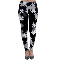 Black And White Jigsaw Puzzle Pattern Lightweight Velour Leggings by SpinnyChairDesigns