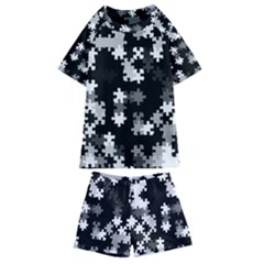 Black And White Jigsaw Puzzle Pattern Kids  Swim Tee And Shorts Set by SpinnyChairDesigns