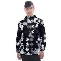 Black And White Jigsaw Puzzle Pattern Men s Front Pocket Pullover Windbreaker by SpinnyChairDesigns