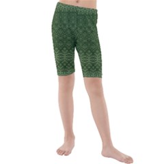 Boho Fern Green Pattern Kids  Mid Length Swim Shorts by SpinnyChairDesigns