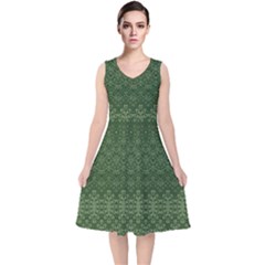 Boho Fern Green Pattern V-neck Midi Sleeveless Dress  by SpinnyChairDesigns