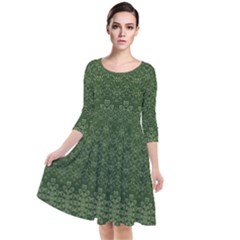 Boho Fern Green Pattern Quarter Sleeve Waist Band Dress by SpinnyChairDesigns