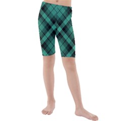 Biscay Green Black Plaid Kids  Mid Length Swim Shorts by SpinnyChairDesigns