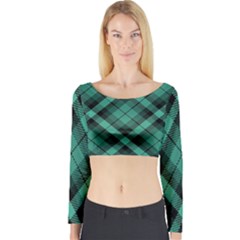 Biscay Green Black Plaid Long Sleeve Crop Top by SpinnyChairDesigns