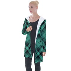 Biscay Green Black Plaid Longline Hooded Cardigan by SpinnyChairDesigns