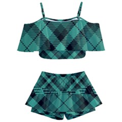 Biscay Green Black Plaid Kids  Off Shoulder Skirt Bikini by SpinnyChairDesigns