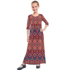 Boho Light Brown Blue Pattern Kids  Quarter Sleeve Maxi Dress by SpinnyChairDesigns