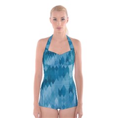 Cerulean Blue Geometric Patterns Boyleg Halter Swimsuit 