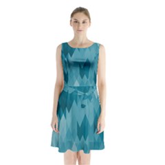 Cerulean Blue Geometric Patterns Sleeveless Waist Tie Chiffon Dress