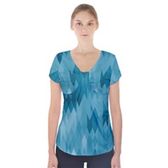 Cerulean Blue Geometric Patterns Short Sleeve Front Detail Top by SpinnyChairDesigns