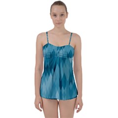 Cerulean Blue Geometric Patterns Babydoll Tankini Set