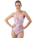 Pastel Pink Feathered Pattern Halter Cut-Out One Piece Swimsuit View1