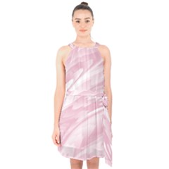 Pastel Pink Feathered Pattern Halter Collar Waist Tie Chiffon Dress by SpinnyChairDesigns