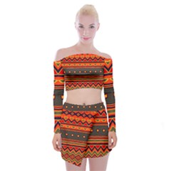 Boho Orange Tribal Pattern Off Shoulder Top With Mini Skirt Set by SpinnyChairDesigns