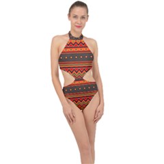 Boho Orange Tribal Pattern Halter Side Cut Swimsuit by SpinnyChairDesigns