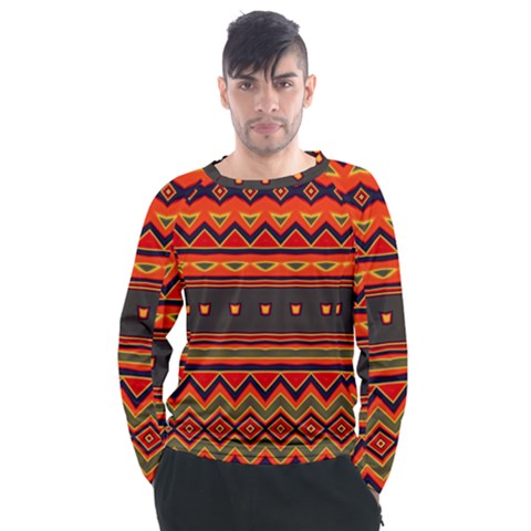 Boho Orange Tribal Pattern Men s Long Sleeve Raglan Tee by SpinnyChairDesigns