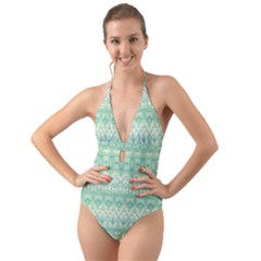 Boho Biscay Green Pattern Halter Cut-out One Piece Swimsuit by SpinnyChairDesigns