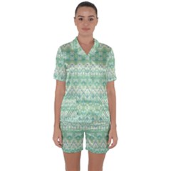 Boho Biscay Green Pattern Satin Short Sleeve Pyjamas Set by SpinnyChairDesigns