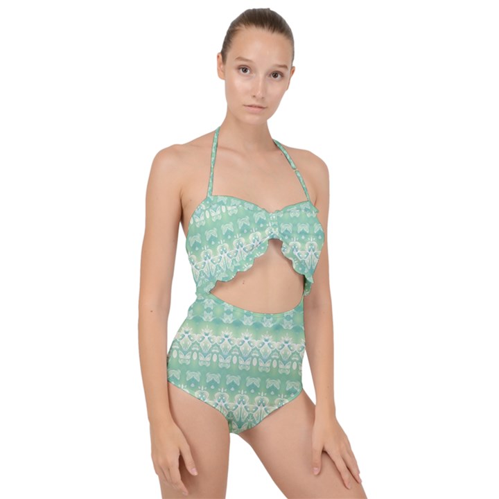 Boho Biscay Green Pattern Scallop Top Cut Out Swimsuit