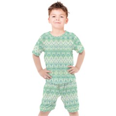 Boho Biscay Green Pattern Kids  Tee And Shorts Set by SpinnyChairDesigns