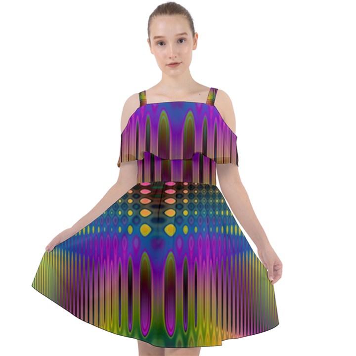 Abstract Psychedelic Pattern Cut Out Shoulders Chiffon Dress