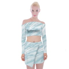 Light Blue Feathered Texture Off Shoulder Top With Mini Skirt Set by SpinnyChairDesigns