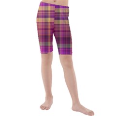 Magenta Gold Madras Plaid Kids  Mid Length Swim Shorts by SpinnyChairDesigns