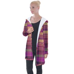 Magenta Gold Madras Plaid Longline Hooded Cardigan by SpinnyChairDesigns