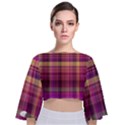 Magenta Gold Madras Plaid Tie Back Butterfly Sleeve Chiffon Top View1