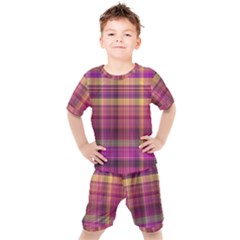 Magenta Gold Madras Plaid Kids  Tee And Shorts Set by SpinnyChairDesigns