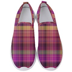 Magenta Gold Madras Plaid Men s Slip On Sneakers by SpinnyChairDesigns