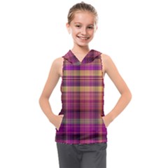 Magenta Gold Madras Plaid Kids  Sleeveless Hoodie by SpinnyChairDesigns