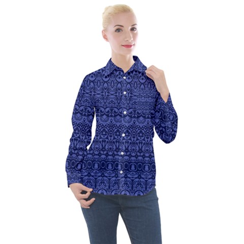 Boho Navy Blue  Women s Long Sleeve Pocket Shirt by SpinnyChairDesigns