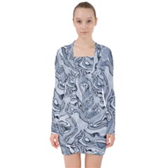 Faded Blue Abstract Art V-neck Bodycon Long Sleeve Dress by SpinnyChairDesigns