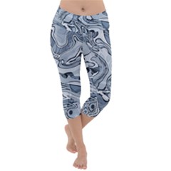 Faded Blue Abstract Art Lightweight Velour Capri Yoga Leggings by SpinnyChairDesigns