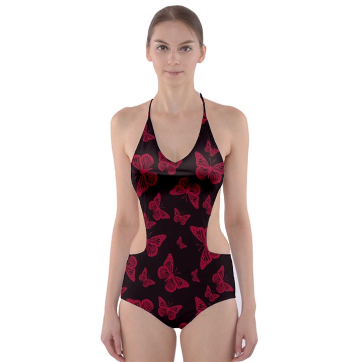 Red and Black Butterflies Cut-Out One Piece Swimsuit