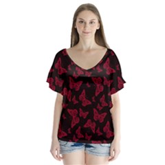 Red And Black Butterflies V-neck Flutter Sleeve Top by SpinnyChairDesigns