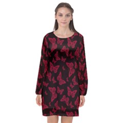 Red And Black Butterflies Long Sleeve Chiffon Shift Dress  by SpinnyChairDesigns