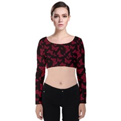 Red And Black Butterflies Velvet Long Sleeve Crop Top by SpinnyChairDesigns