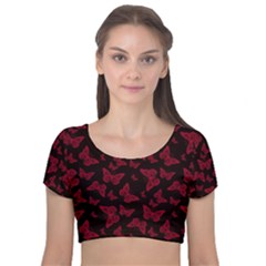 Red And Black Butterflies Velvet Short Sleeve Crop Top  by SpinnyChairDesigns
