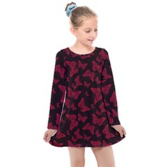 Red And Black Butterflies Kids  Long Sleeve Dress by SpinnyChairDesigns