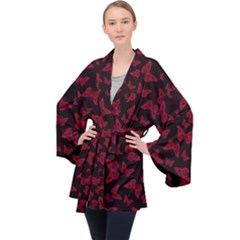 Red And Black Butterflies Long Sleeve Velvet Kimono  by SpinnyChairDesigns