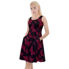 Red And Black Butterflies Knee Length Skater Dress With Pockets by SpinnyChairDesigns