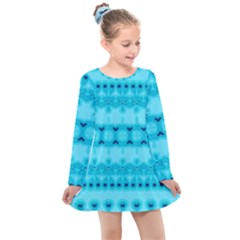 Boho Aqua Blue Kids  Long Sleeve Dress by SpinnyChairDesigns