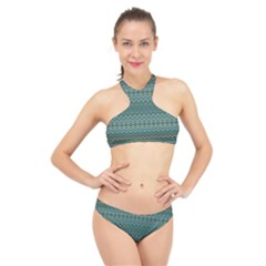 Boho Teal Green Stripes High Neck Bikini Set by SpinnyChairDesigns